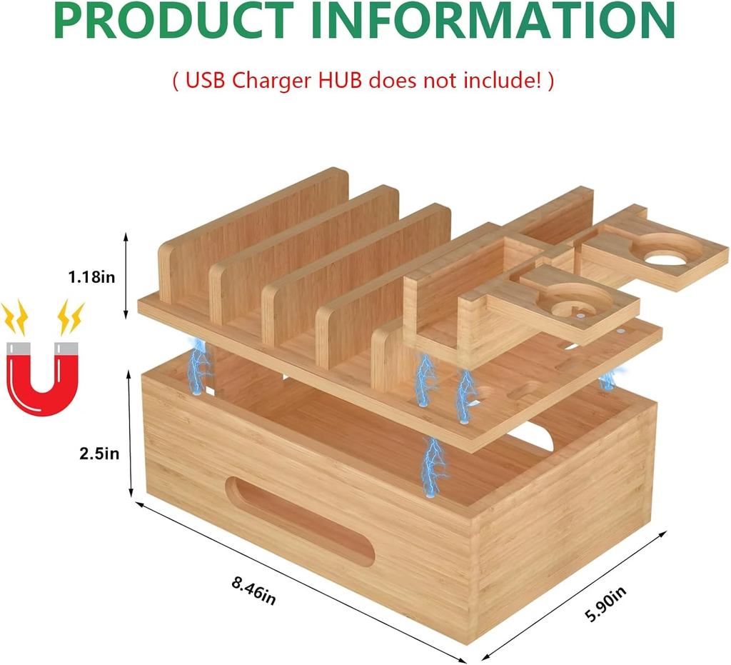 Bamboo Charging Stations for Multi Devices, Wood Desktop Docking Station Charger Organizer for Cell Phones, Tablets, Earphones, Watch (Includes 6 Charging Cables) (No Power Supply)