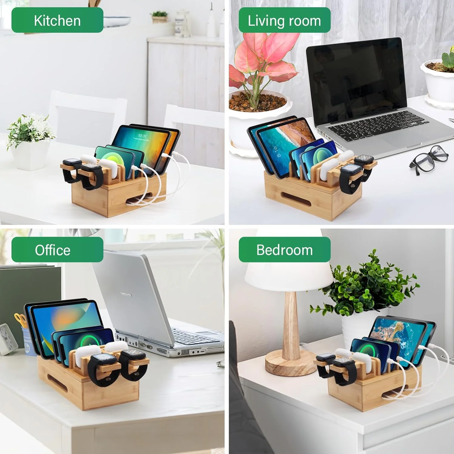 Bamboo Charging Stations for Multi Devices, Wood Desktop Docking Station Charger Organizer for Cell Phones, Tablets, Earphones, Watch (Includes 6 Charging Cables) (No Power Supply)