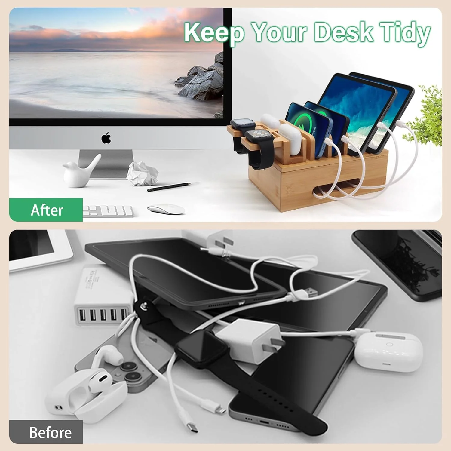 Bamboo Charging Stations for Multi Devices, Wood Desktop Docking Station Charger Organizer for Cell Phones, Tablets, Earphones, Watch (Includes 6 Charging Cables) (No Power Supply)
