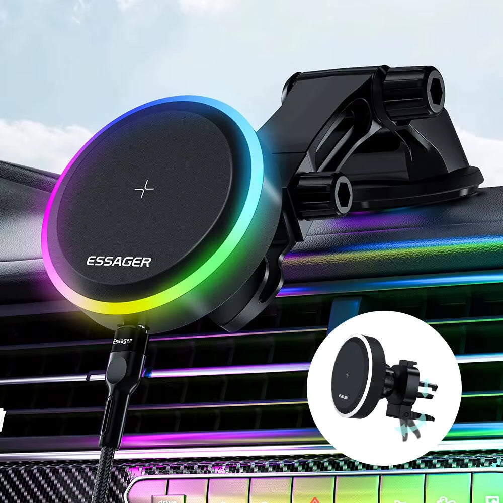 RGB Magnetic Car Phone Holder Qi 15W Wireless Charger Car for Iphone 14 13 Pro Max Samsung Phone Holder Stand