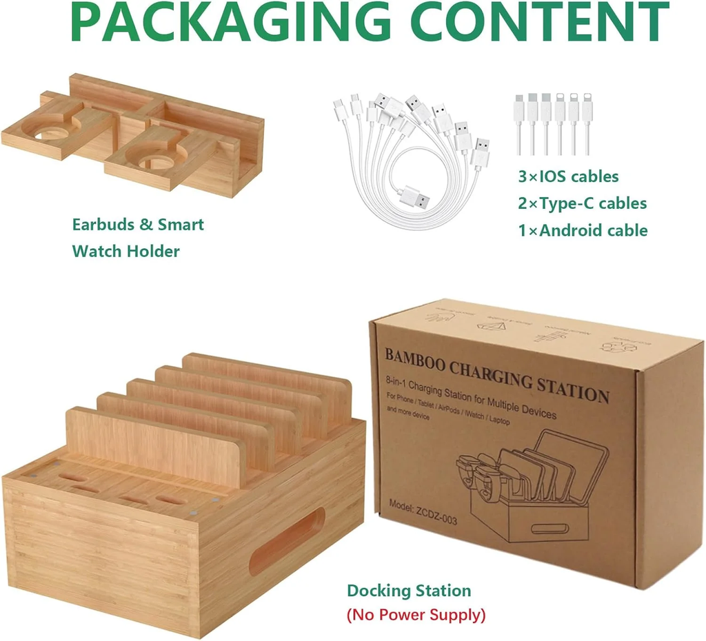 Bamboo Charging Stations for Multi Devices, Wood Desktop Docking Station Charger Organizer for Cell Phones, Tablets, Earphones, Watch (Includes 6 Charging Cables) (No Power Supply)