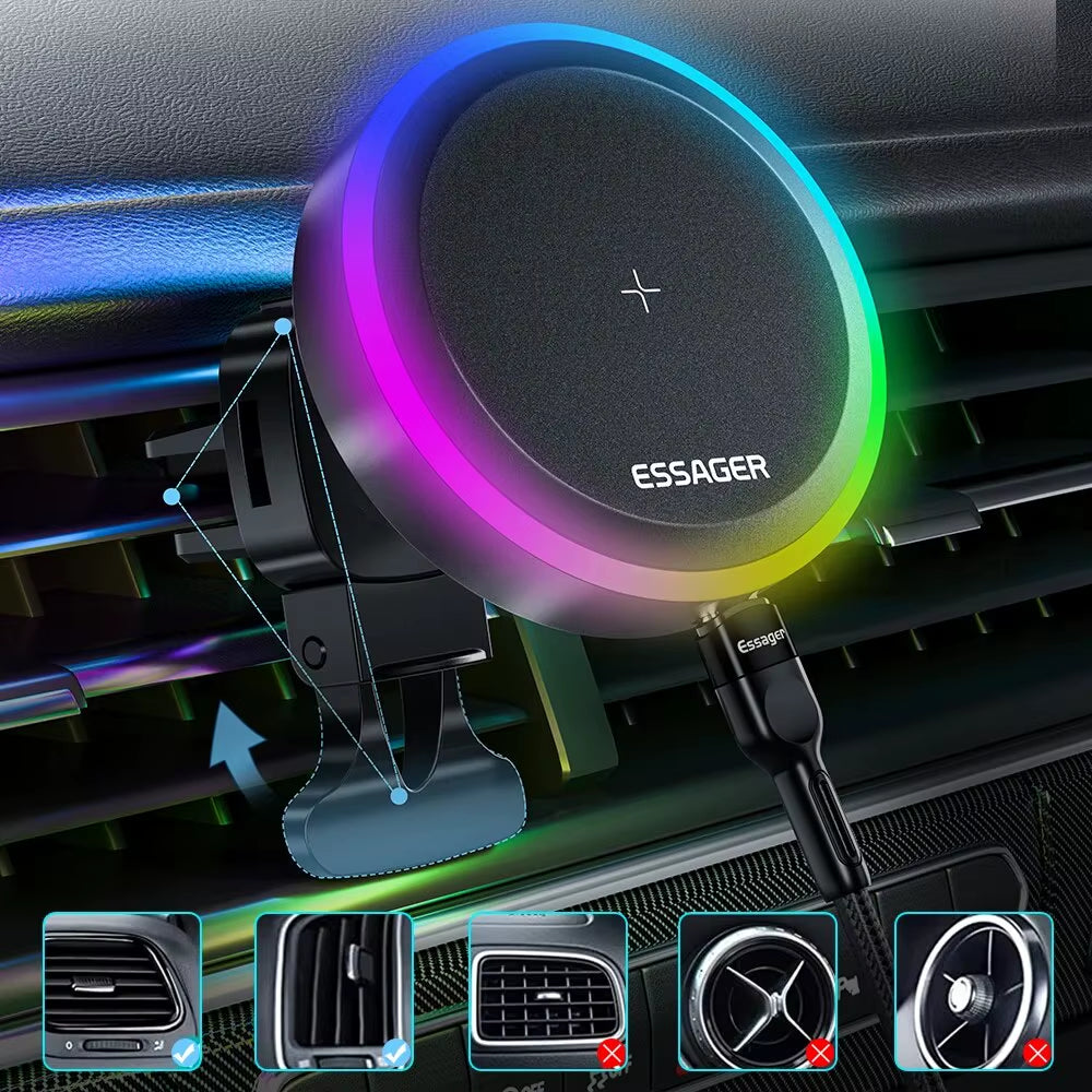 RGB Magnetic Car Phone Holder Qi 15W Wireless Charger Car for Iphone 14 13 Pro Max Samsung Phone Holder Stand